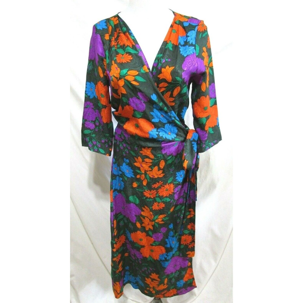 Warm NY Green Graphic Floral Print V Neck 100% Silk Maxi Wrap Dress Sz 2 / S